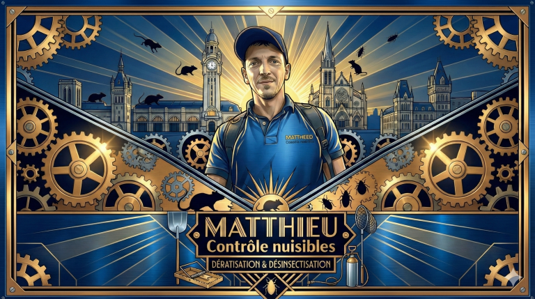 Matthieu contrôle nuisibles à Limoges. dératisation et désinsectisation. Illustration style art-déco bleu et doré.